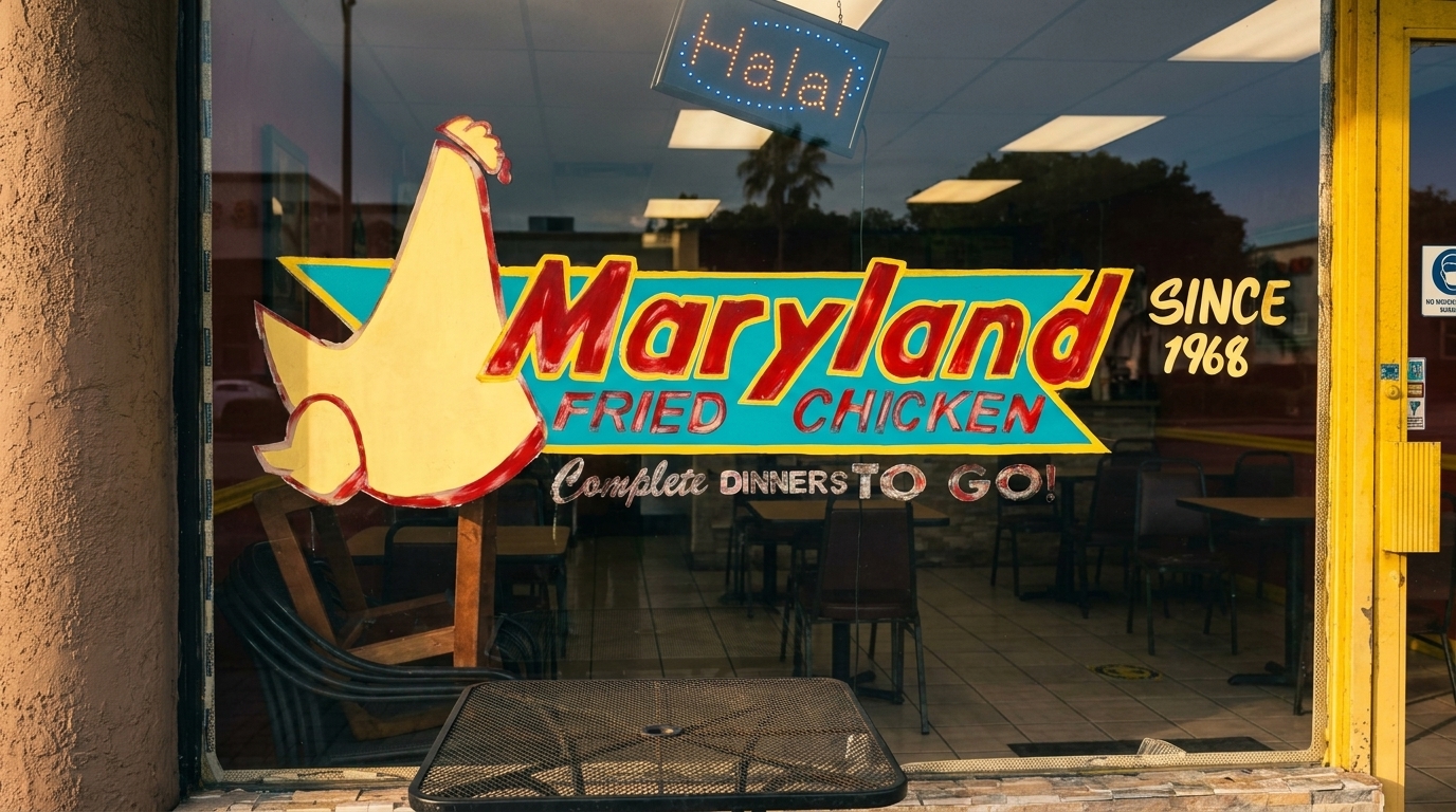 The storefront of Maryland Fried Chicken, with a chicken logo and "Halal" sign visible through the glass.