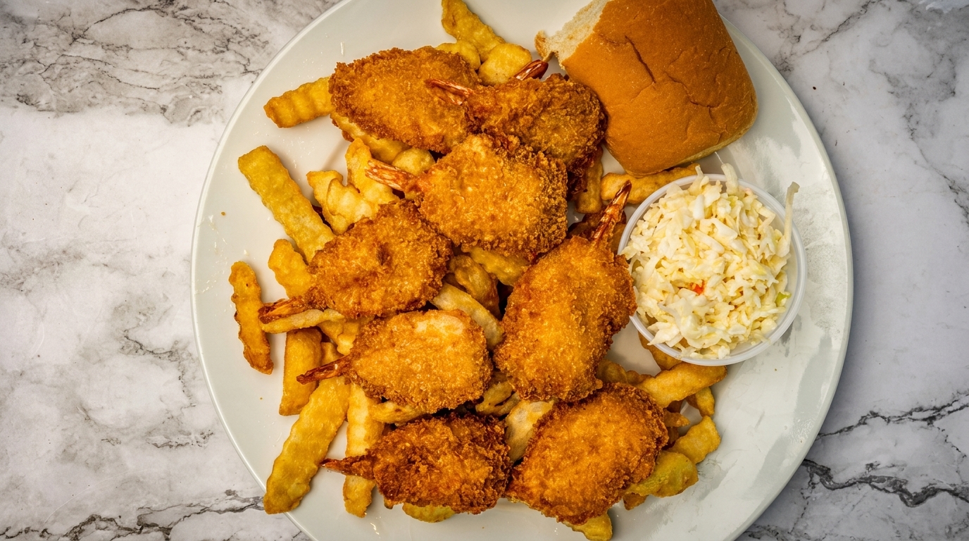 Fried shrimp and crinkle-cut fries with coleslaw and a dinner roll on a white plate.