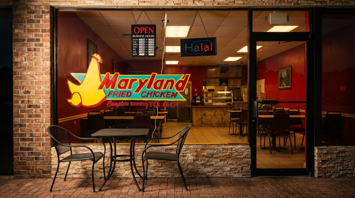 Exterior of Maryland Fried Chicken restaurant with a "Halal" sign and outdoor seating.