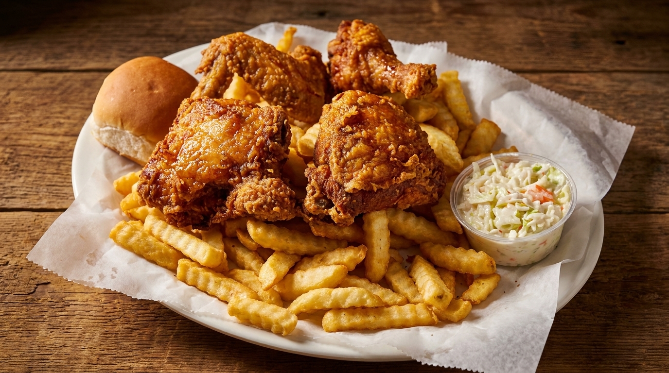 A plate of crispy fried chicken, crinkle-cut fries, a dinner roll, and coleslaw on a wooden table.