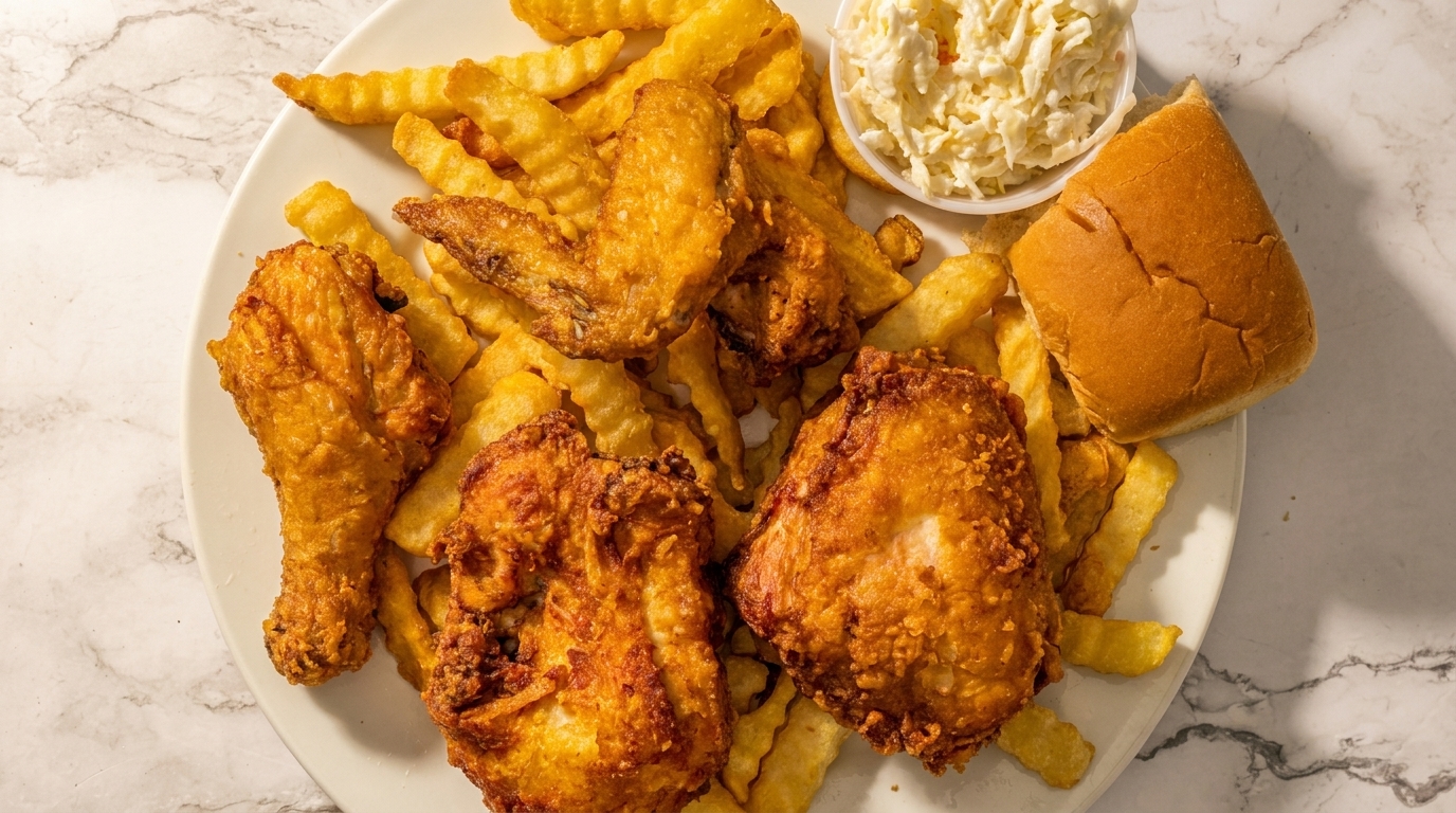 Fried chicken pieces, crinkle-cut fries, coleslaw, and a dinner roll on a white plate.