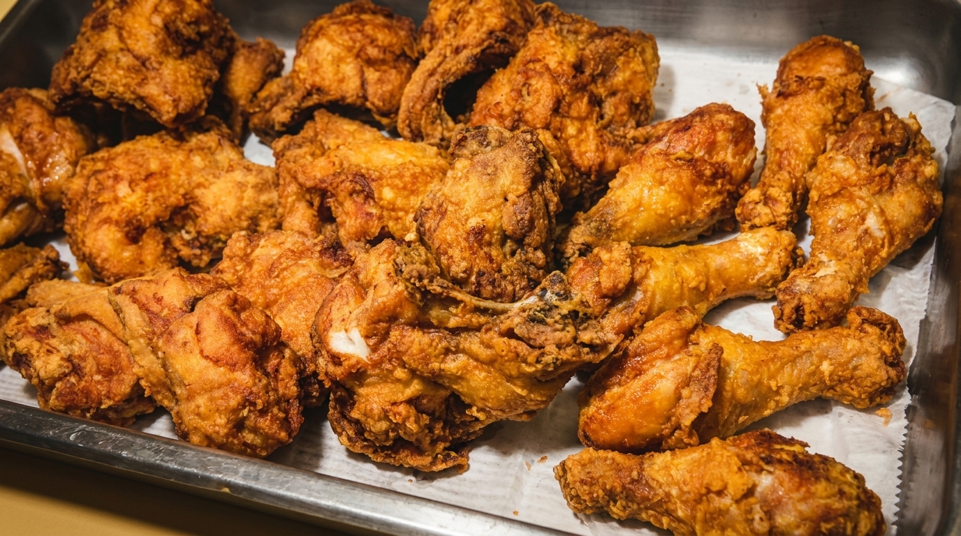 Golden-brown fried chicken pieces, including drumsticks and thighs, arranged on a metal tray with white paper.