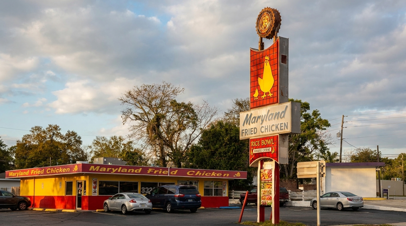 A yellow and red Maryland Fried Chicken restaurant with a tall sign featuring a chicken logo.