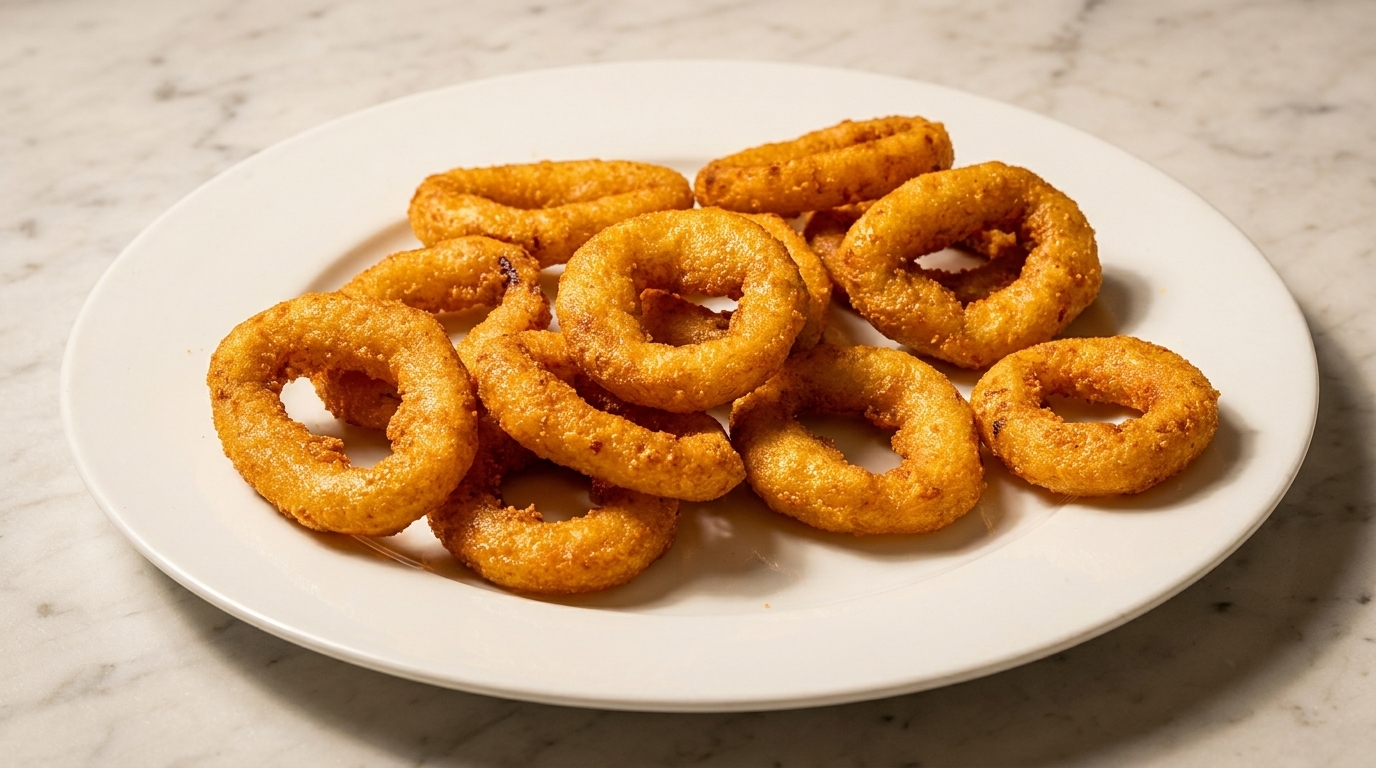 A white plate piled high with golden-brown, crispy onion rings on a marble surface.