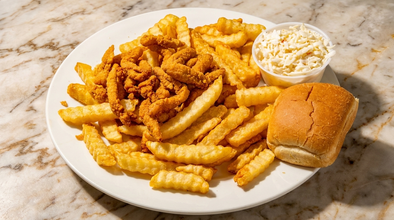 Fried clam strips and crinkle-cut fries with coleslaw and a dinner roll on a white plate.