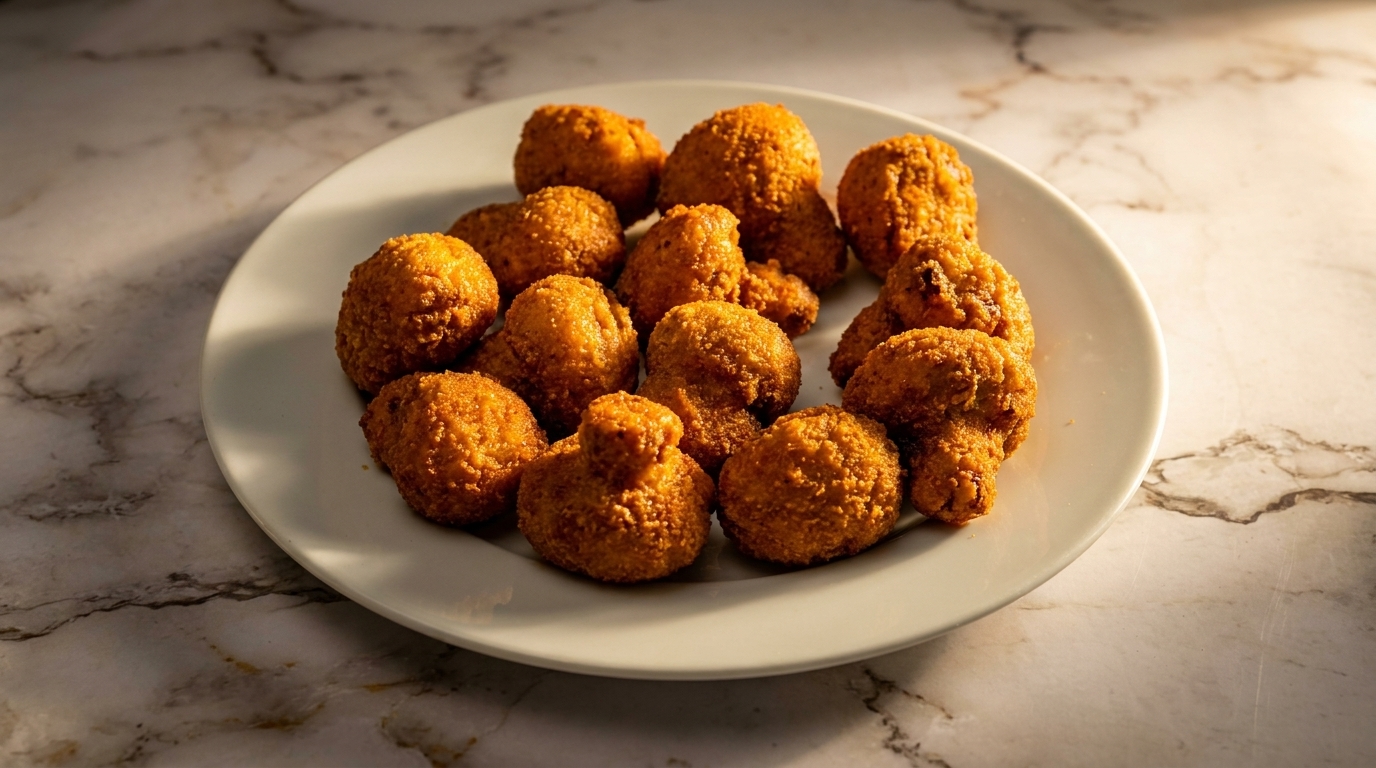 A white plate filled with golden-brown, breaded fried mushrooms on a marble surface.