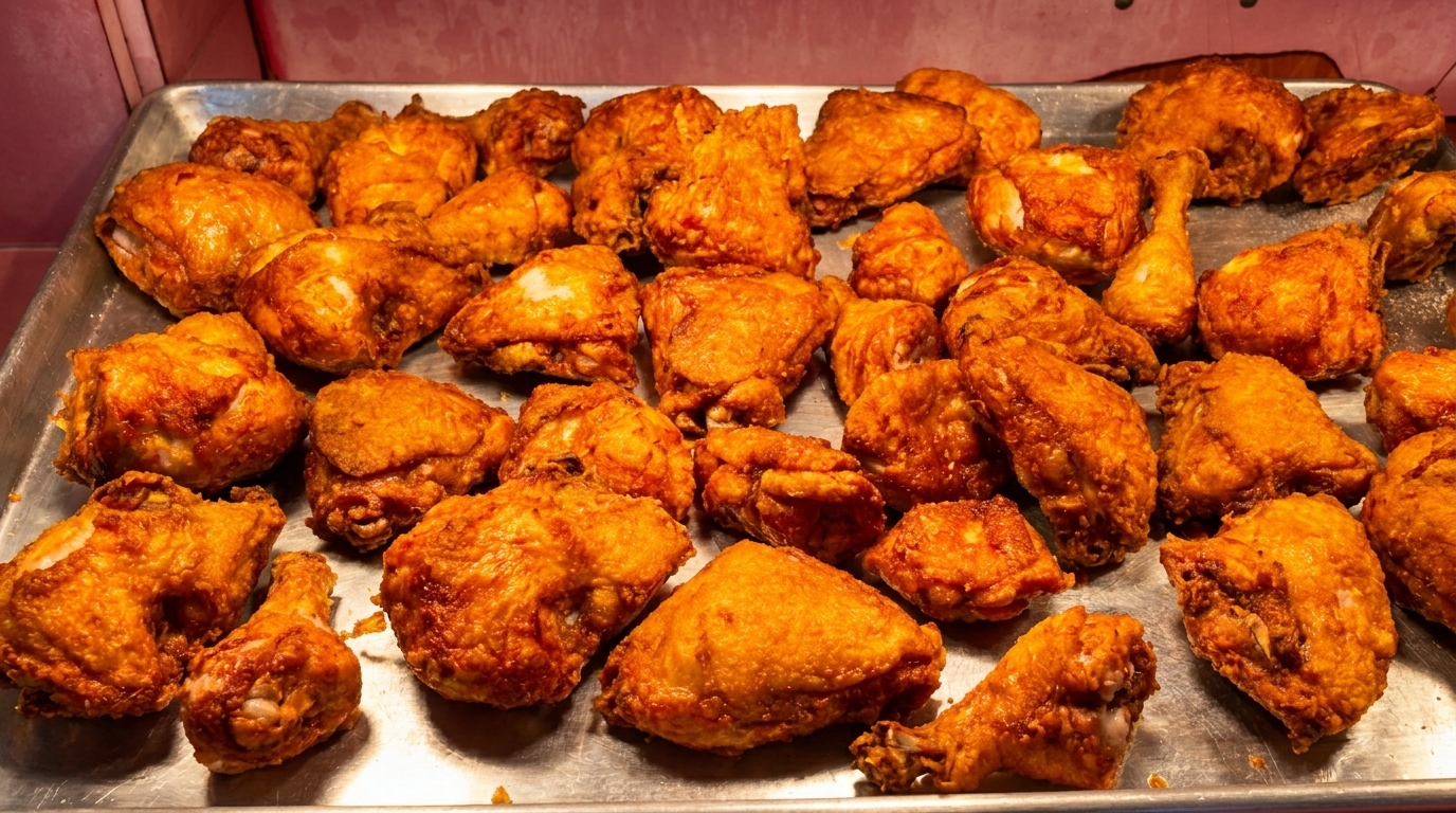 A metal tray filled with many pieces of golden-brown fried chicken, including drumsticks and thighs.