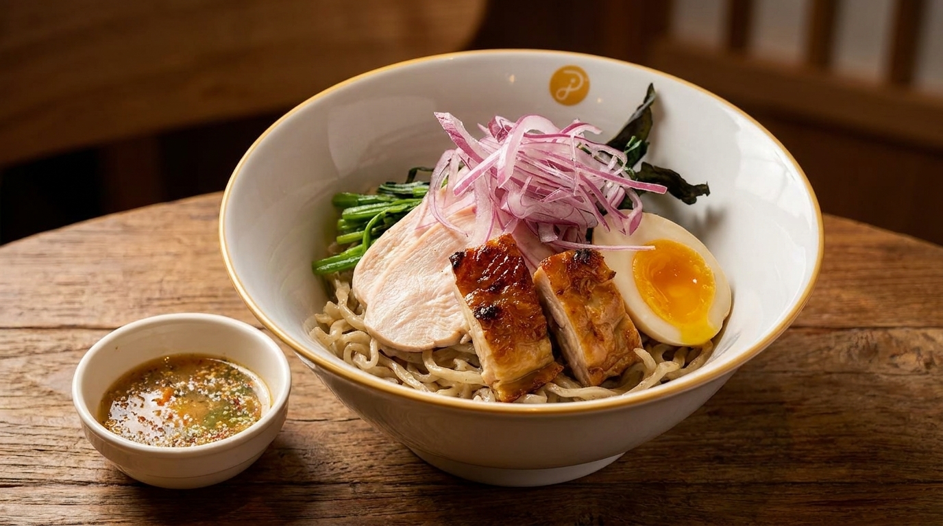 Ramen bowl with noodles, chicken, soft-boiled egg, red onions, and greens, with a side of sauce.