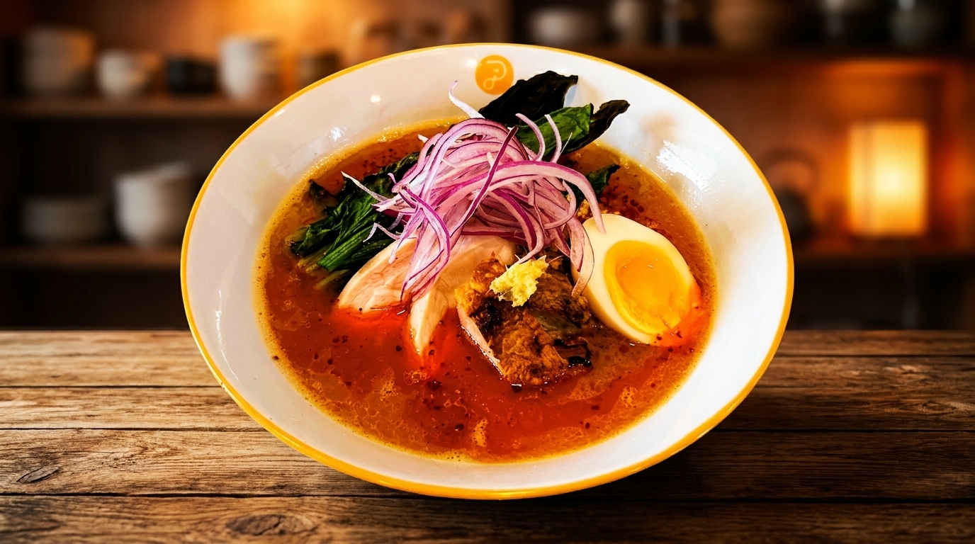 A vibrant bowl of ramen with chicken, red onions, spinach, and a soft-boiled egg on a wooden table.