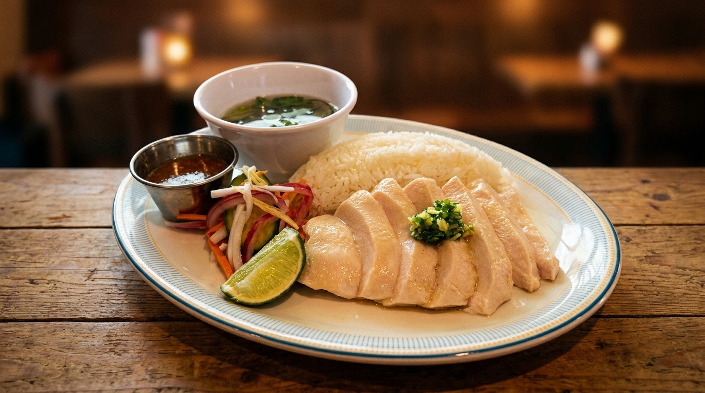 Hainanese chicken rice with sliced chicken, rice, soup, chili sauce, and lime on a wooden table.