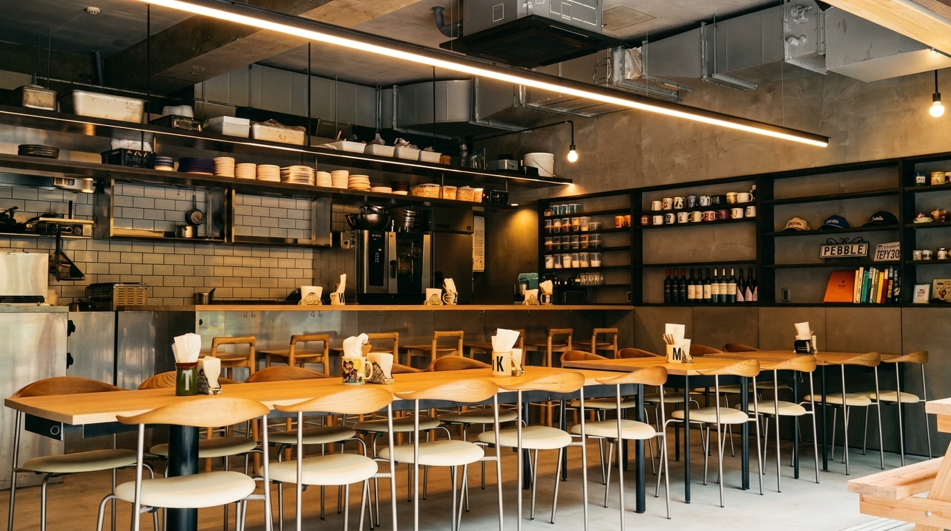 Modern cafe interior with wooden tables, chairs, and an open kitchen with industrial-style shelving.