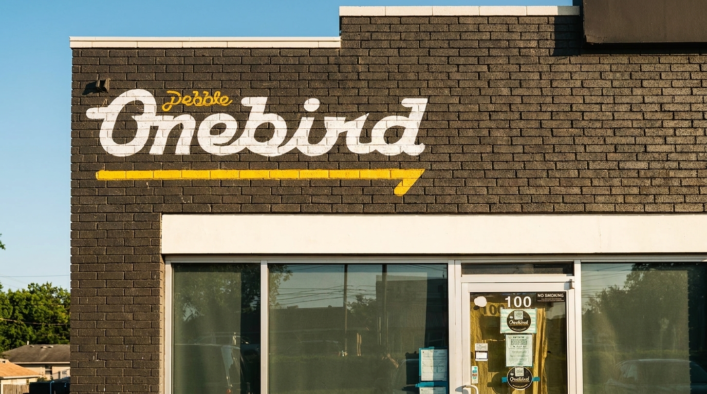 The exterior of Pebble Onebird restaurant, featuring a dark brick facade with a white and yellow sign.