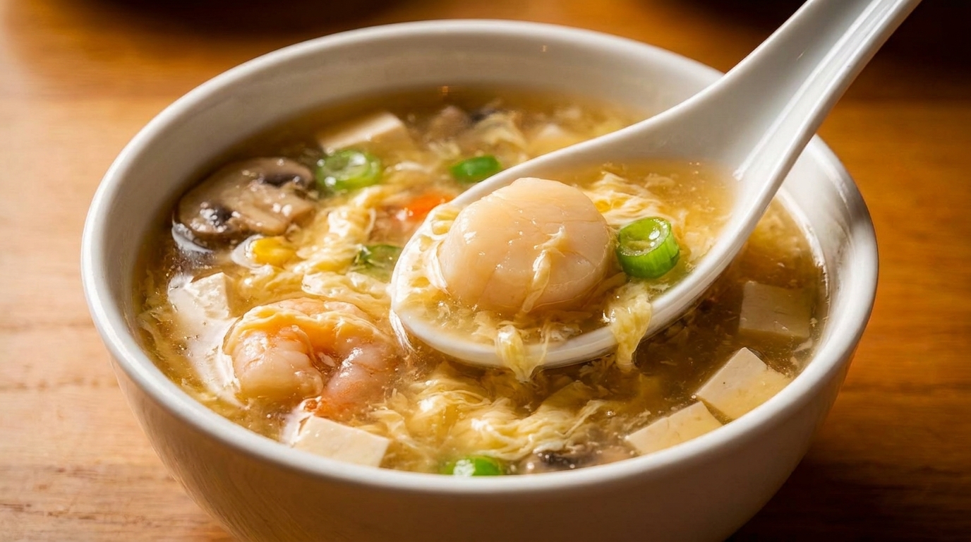 A white spoon lifts a scallop from a bowl of hot and sour soup with shrimp, tofu, and mushrooms.