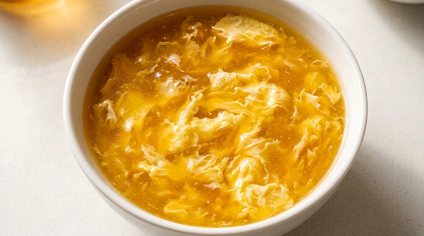 Close-up of a white bowl filled with golden egg drop soup, showing delicate egg ribbons.