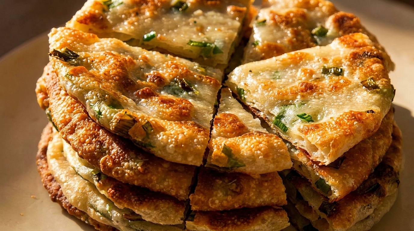 Close-up of a stack of golden-brown scallion pancakes, cut into wedges, revealing green onion flecks.