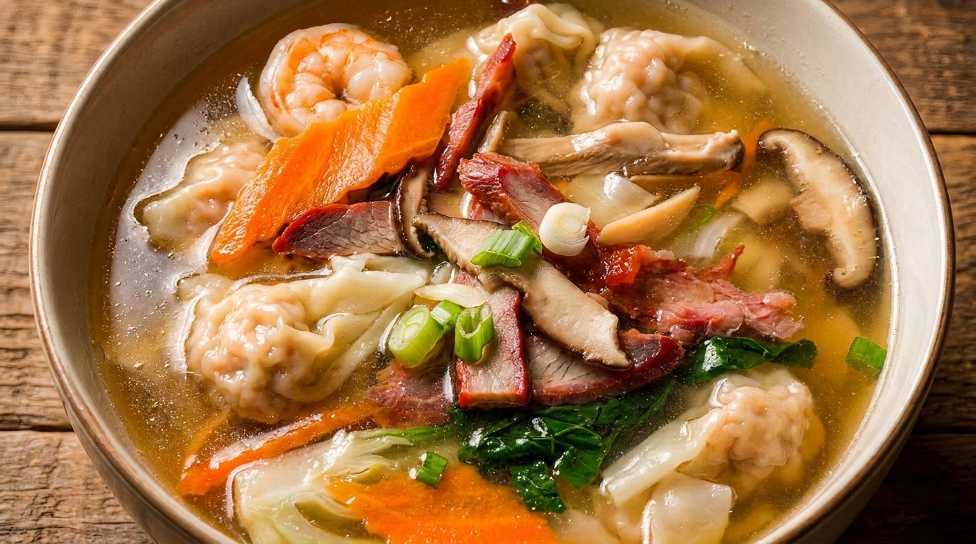 Close-up of a bowl of wonton soup with shrimp, sliced pork, mushrooms, and vegetables.