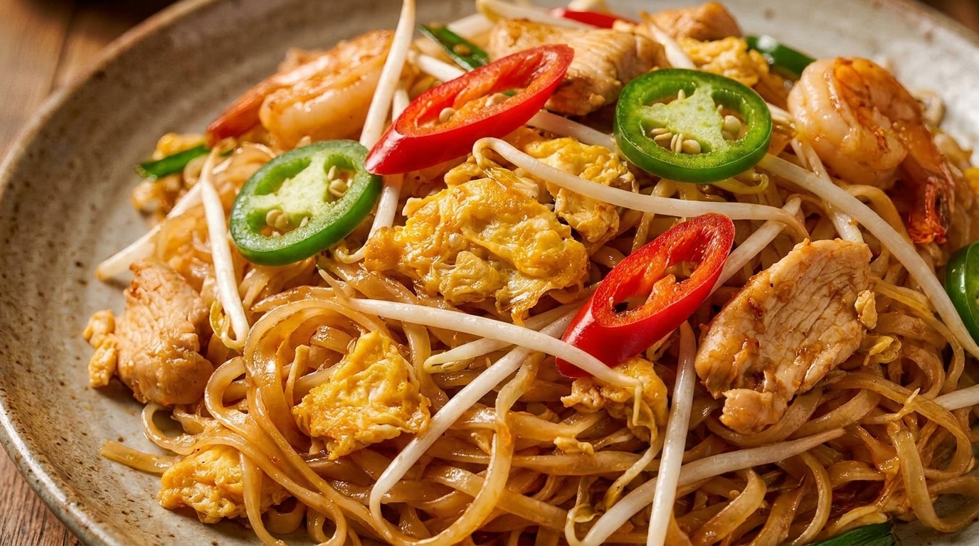 Close-up of Pad Thai noodles with chicken, shrimp, scrambled egg, bean sprouts, and chili peppers.