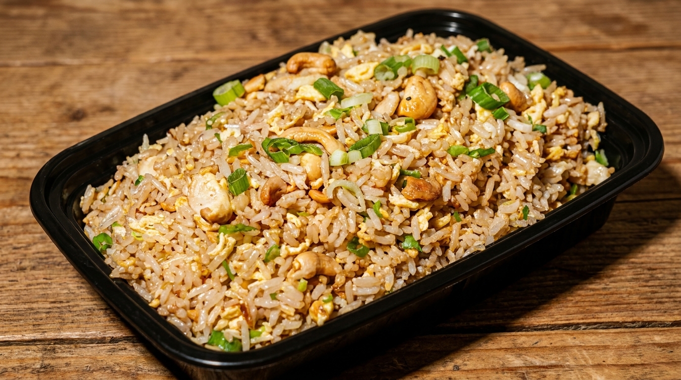 Fried rice with cashews, scrambled egg, and green onions in a black takeout container.