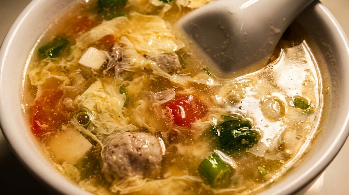 Close-up of a bowl of egg drop soup with meatballs, tofu, tomatoes, and green onions.