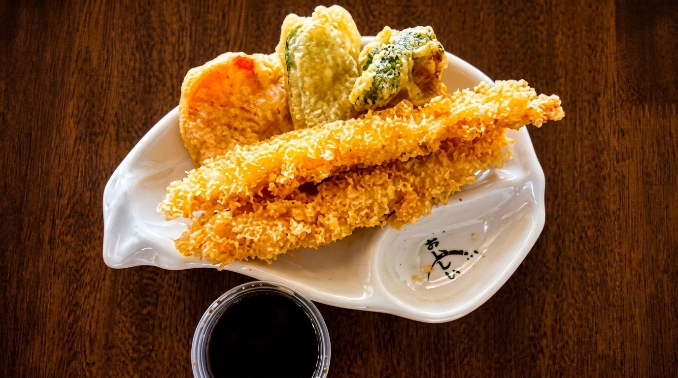 Crispy golden tempura shrimp and vegetables on a white plate with a side of dipping sauce.