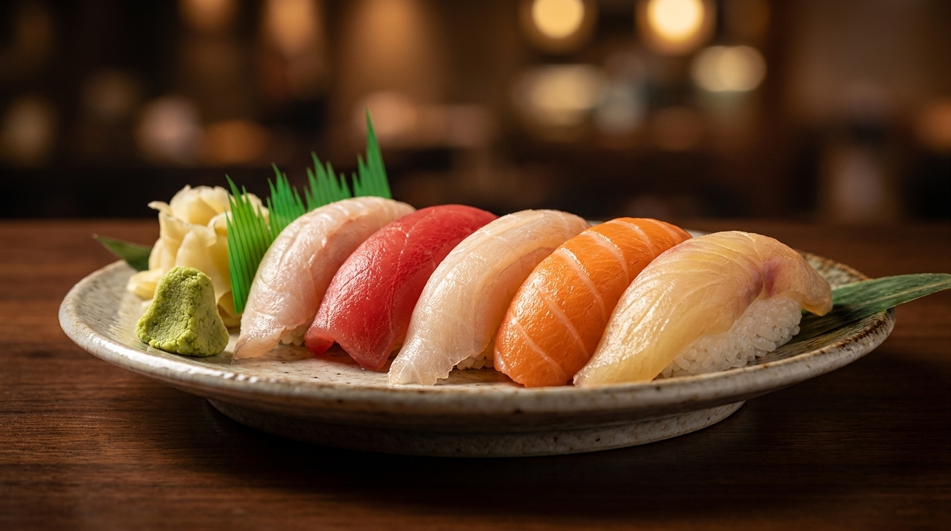 A plate of colorful nigiri sushi with various fish, ginger, and wasabi on a wooden table.