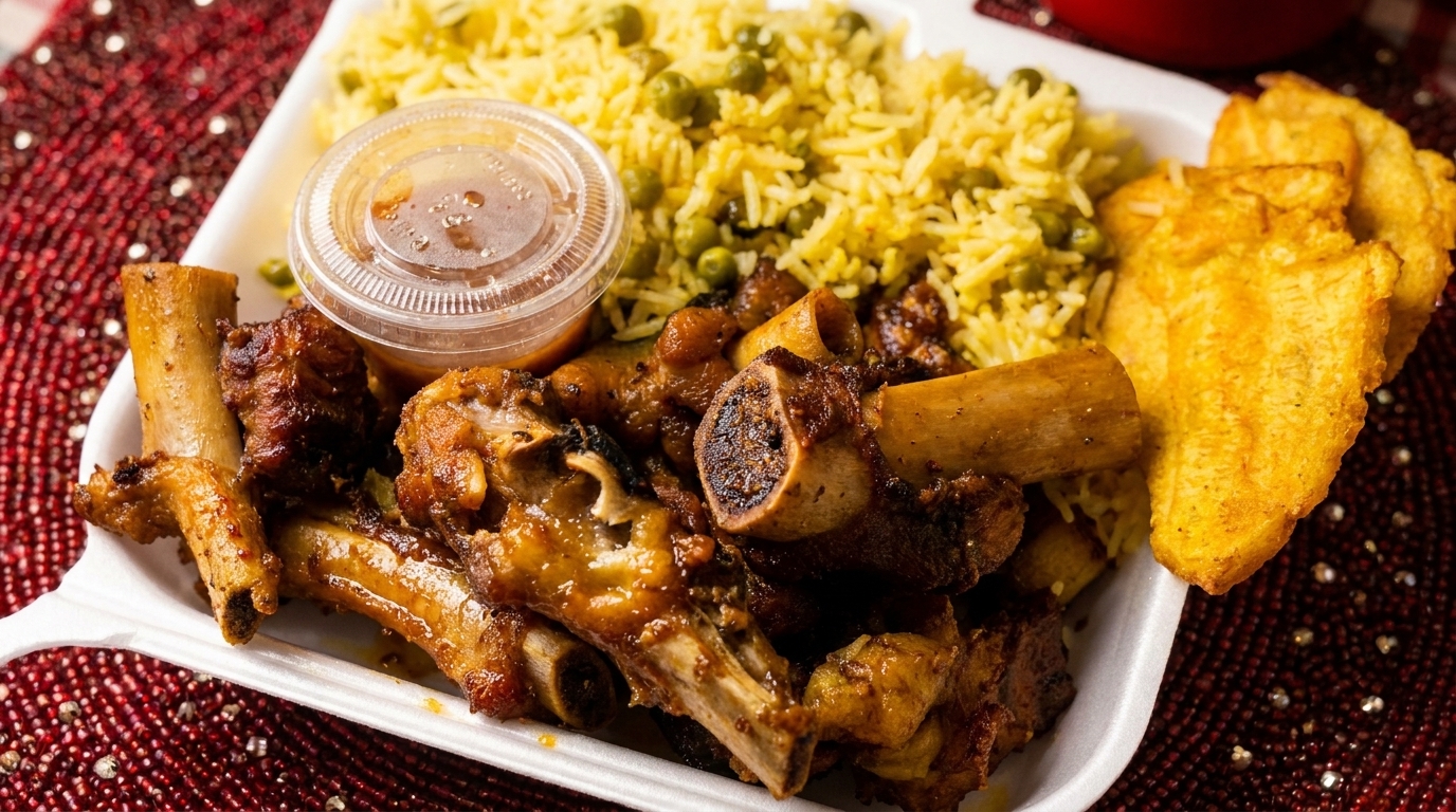 A takeout container with ribs, yellow rice and peas, fried plantains, and a side of sauce.