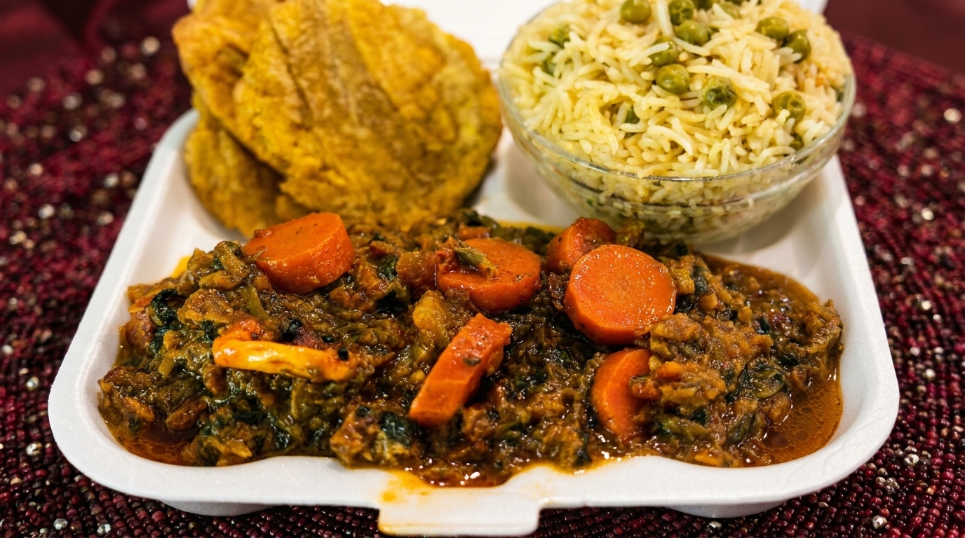 A takeout container with stewed vegetables and carrots, a side of rice with peas, and fried plantains.