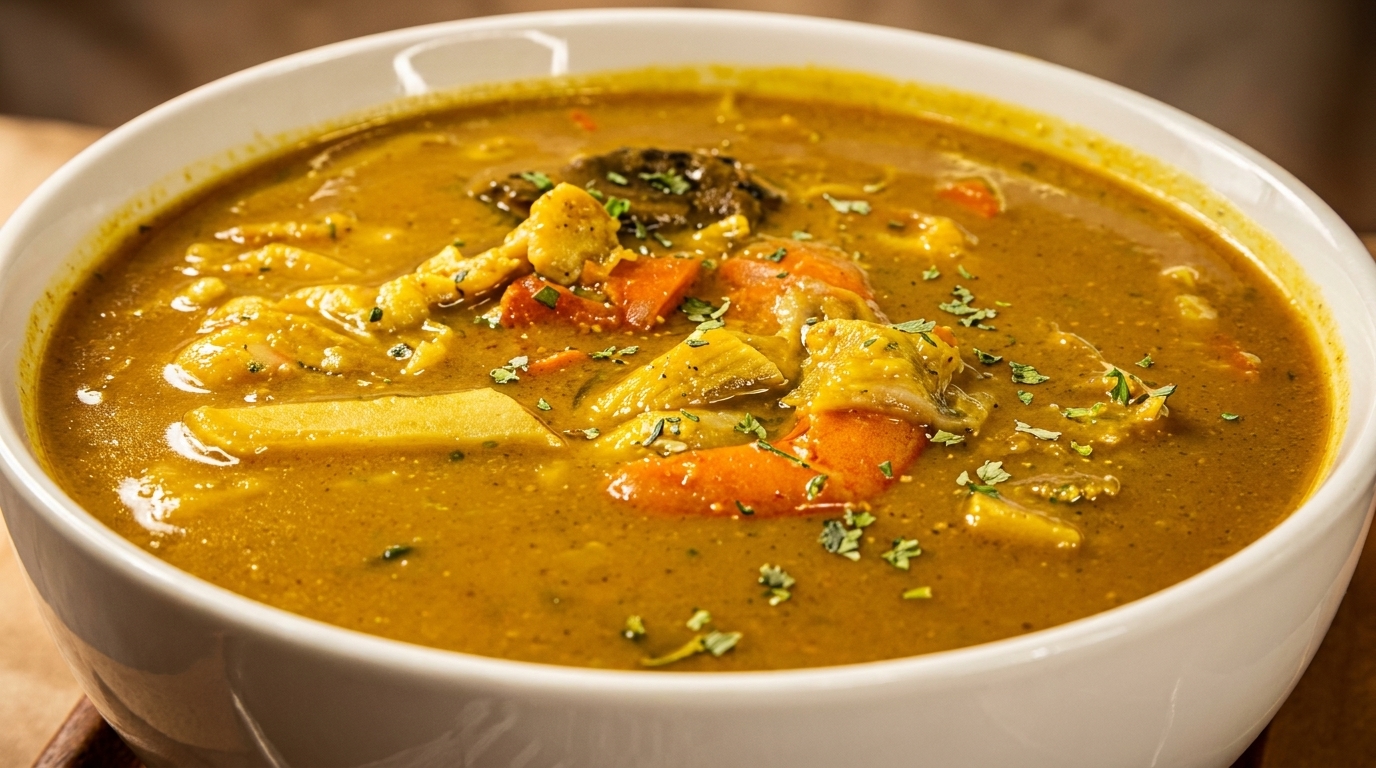 Close-up of a hearty bowl of golden soup with vegetables and meat, garnished with herbs.
