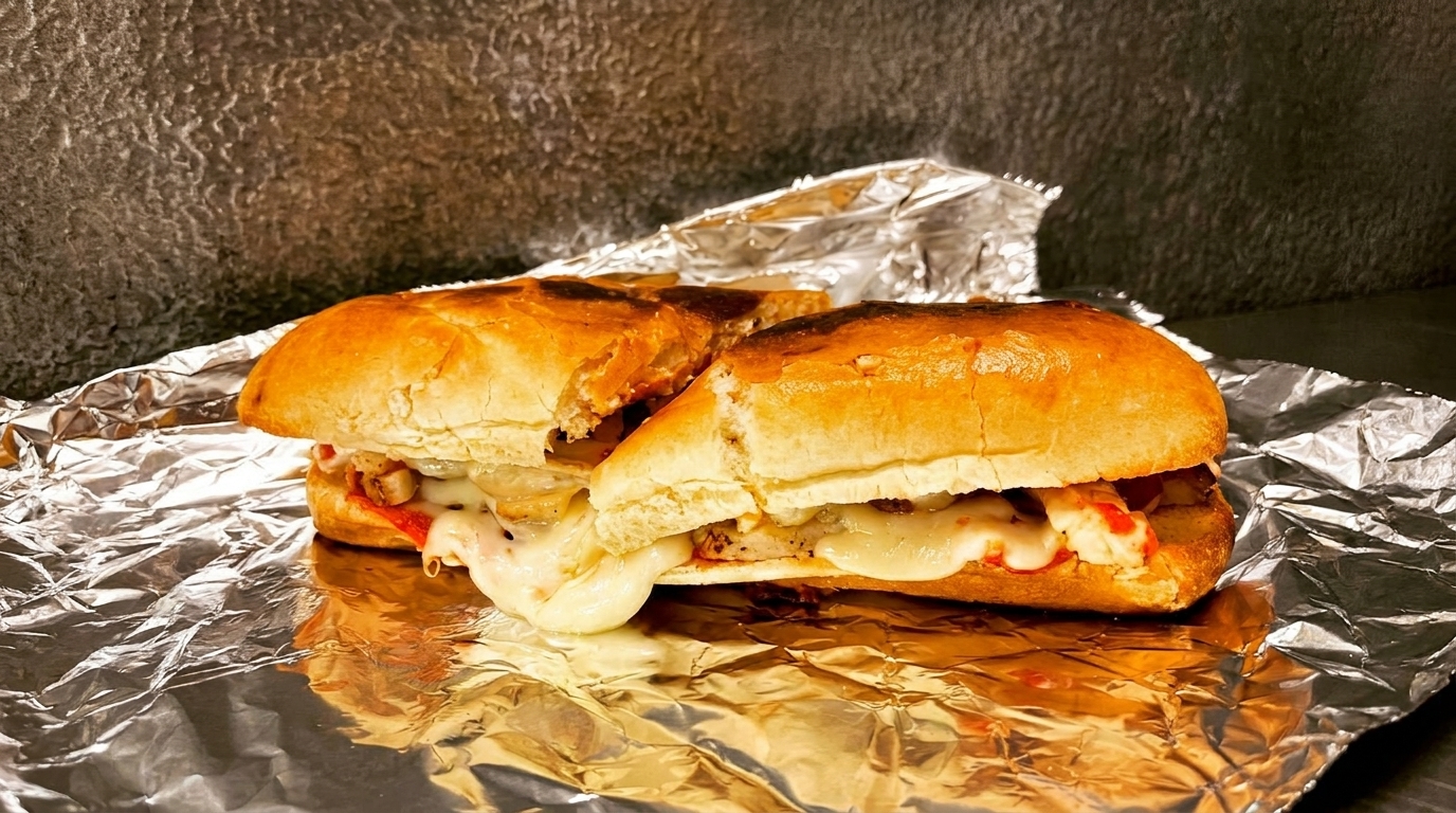Two halves of a cheesy chicken and pepper sandwich on a bun, resting on aluminum foil.