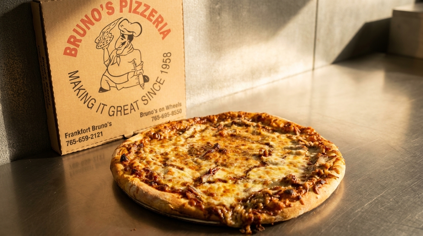 A freshly baked Bruno's Pizzeria pizza with melted cheese and toppings next to its branded box.