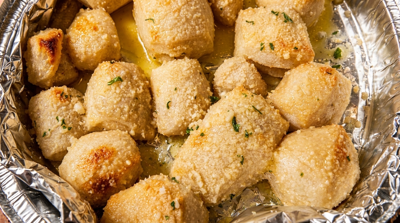 Garlic knots, coated in parmesan cheese and herbs, glistening with butter in a foil container.
