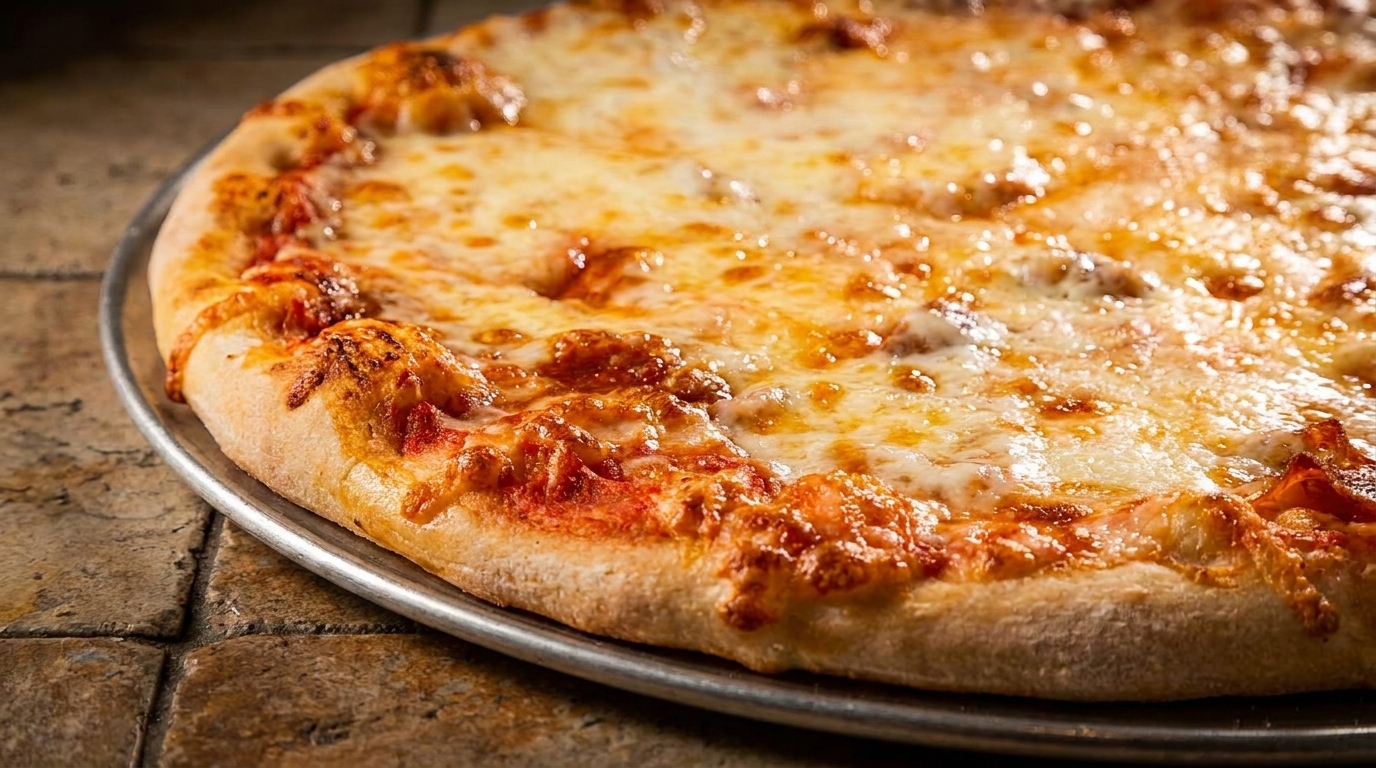 Close-up of a freshly baked cheese pizza with melted, bubbly mozzarella on a metal pan.