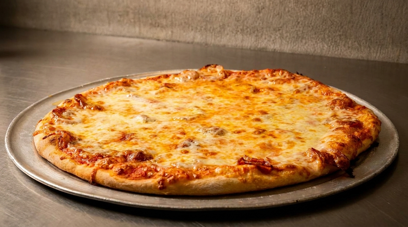 A freshly baked cheese pizza with a golden crust on a metal pan.