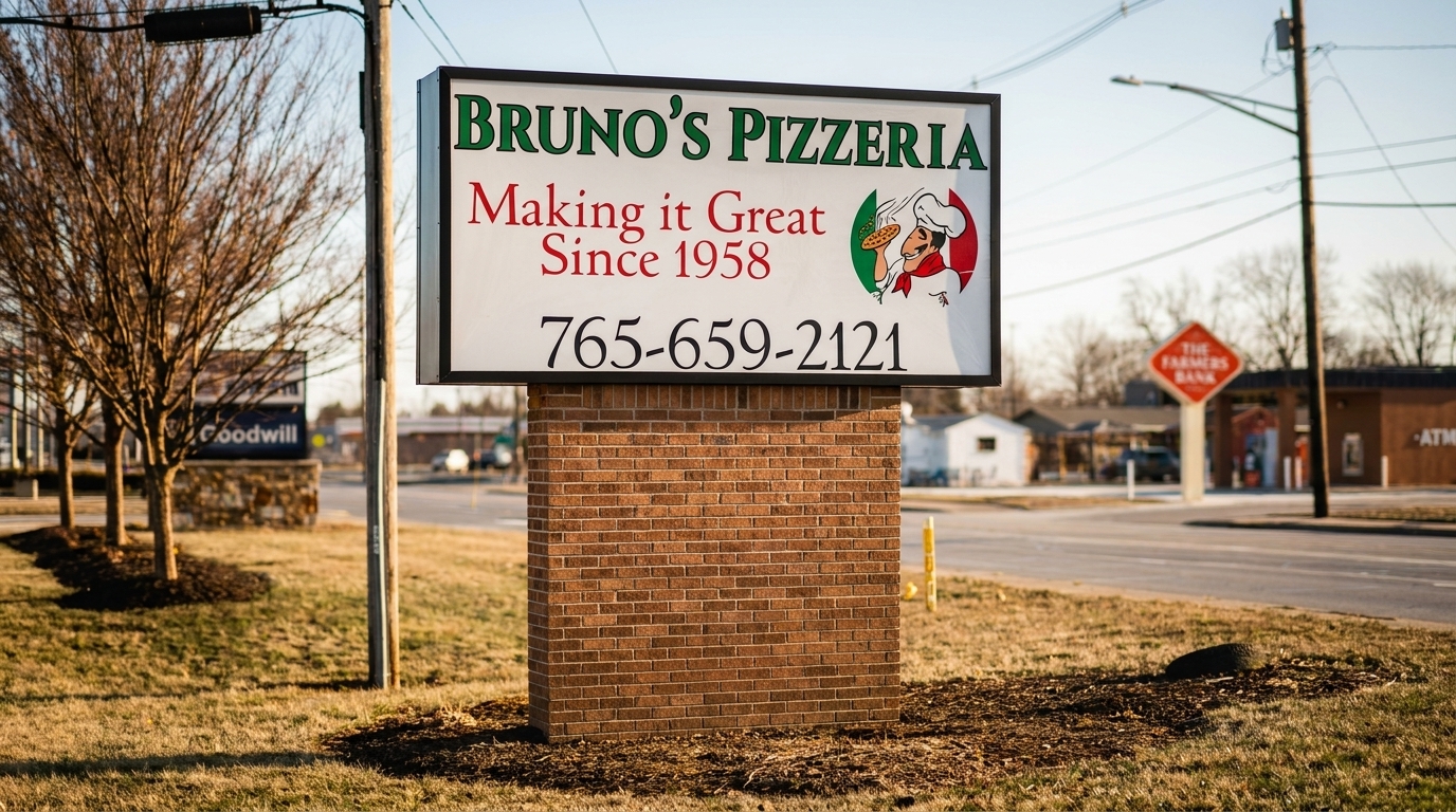 Bruno's Pizzeria sign with a chef logo, phone number, and slogan "Making it Great Since 1958".