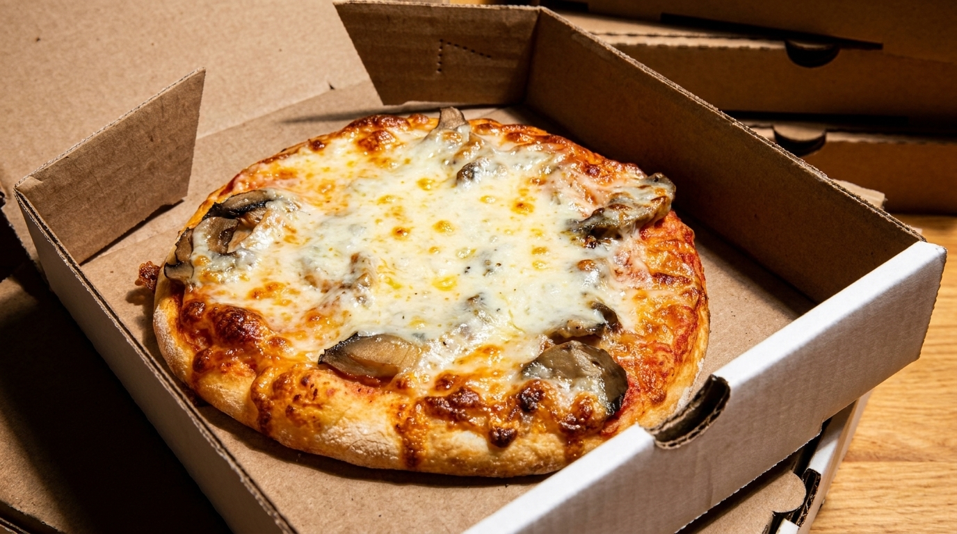 A small, cheesy mushroom pizza sits inside an open cardboard delivery box.