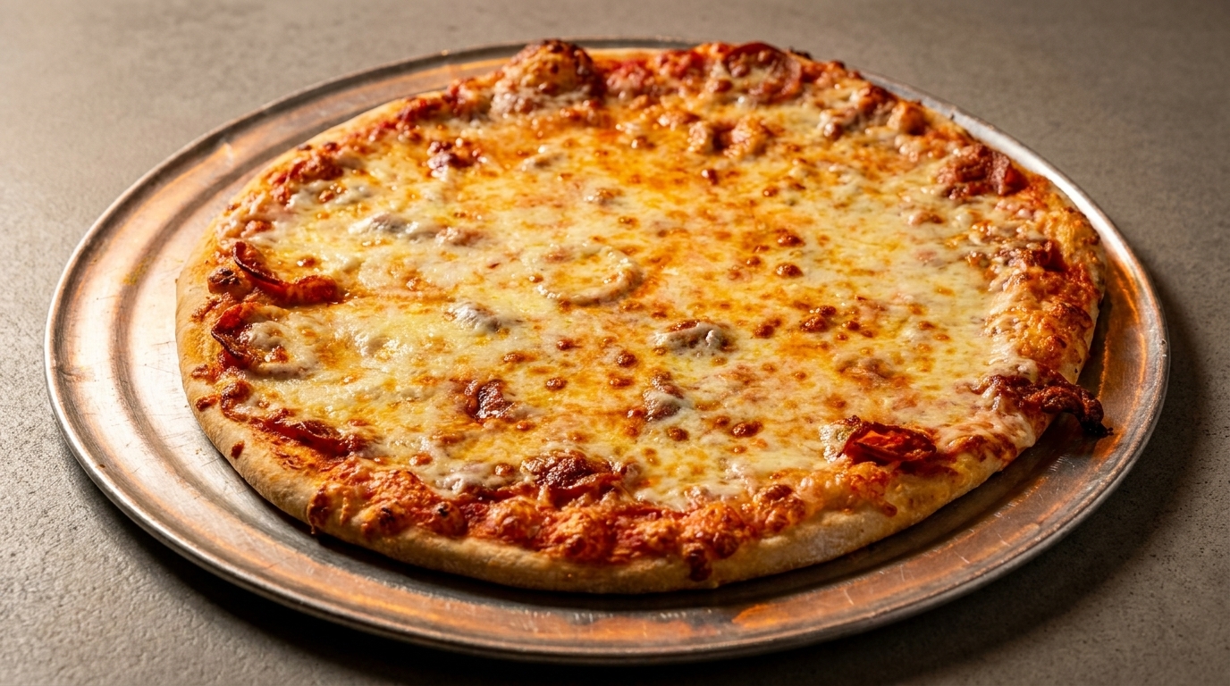 A whole cheese pizza with pepperoni on a metal pizza pan, against a dark background.
