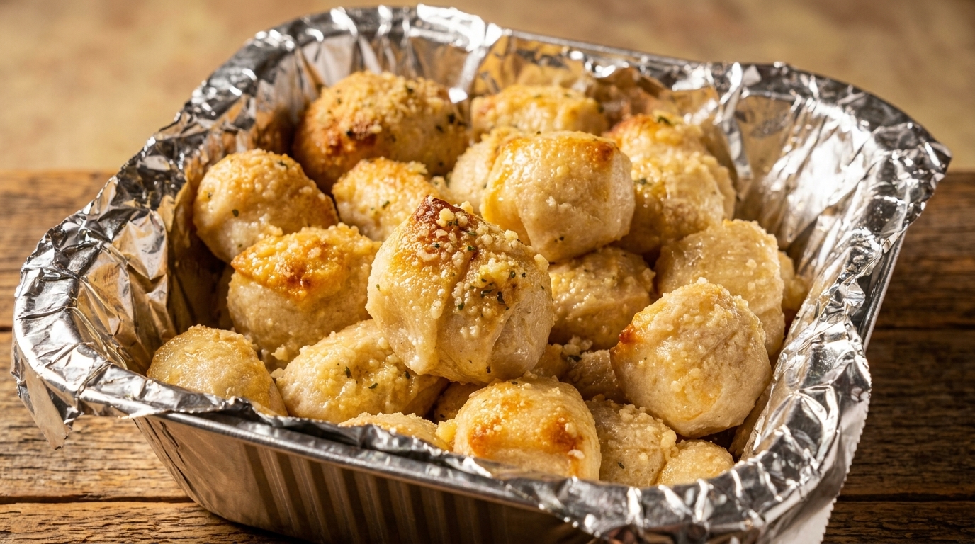 Golden brown garlic knots with parmesan cheese and herbs in a foil container on a wooden table.