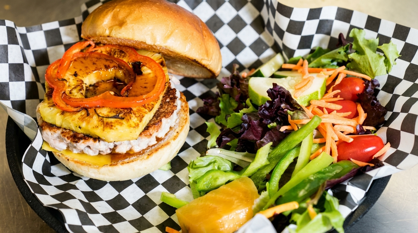 A burger with grilled pineapple and red peppers, served with a side salad in a checkered basket.