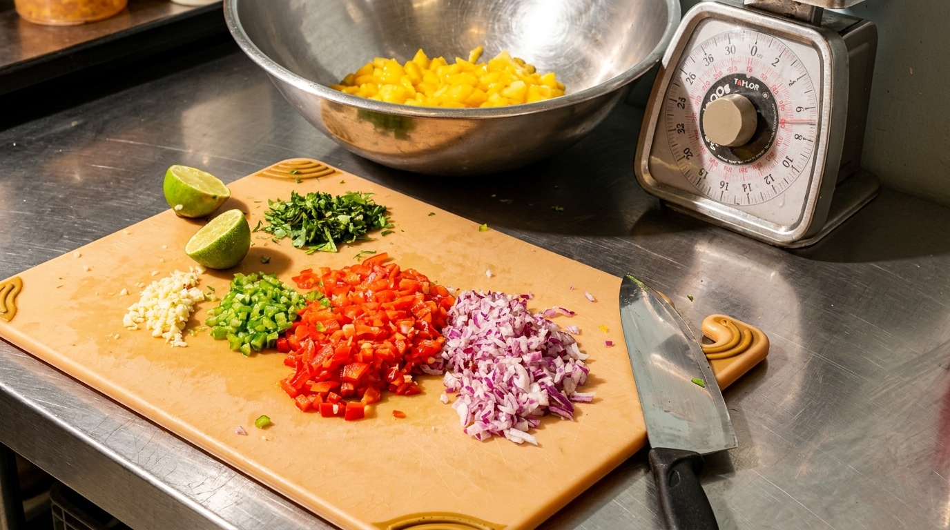 Chopped vegetables, including red and green peppers, onions, and cilantro, on a cutting board.