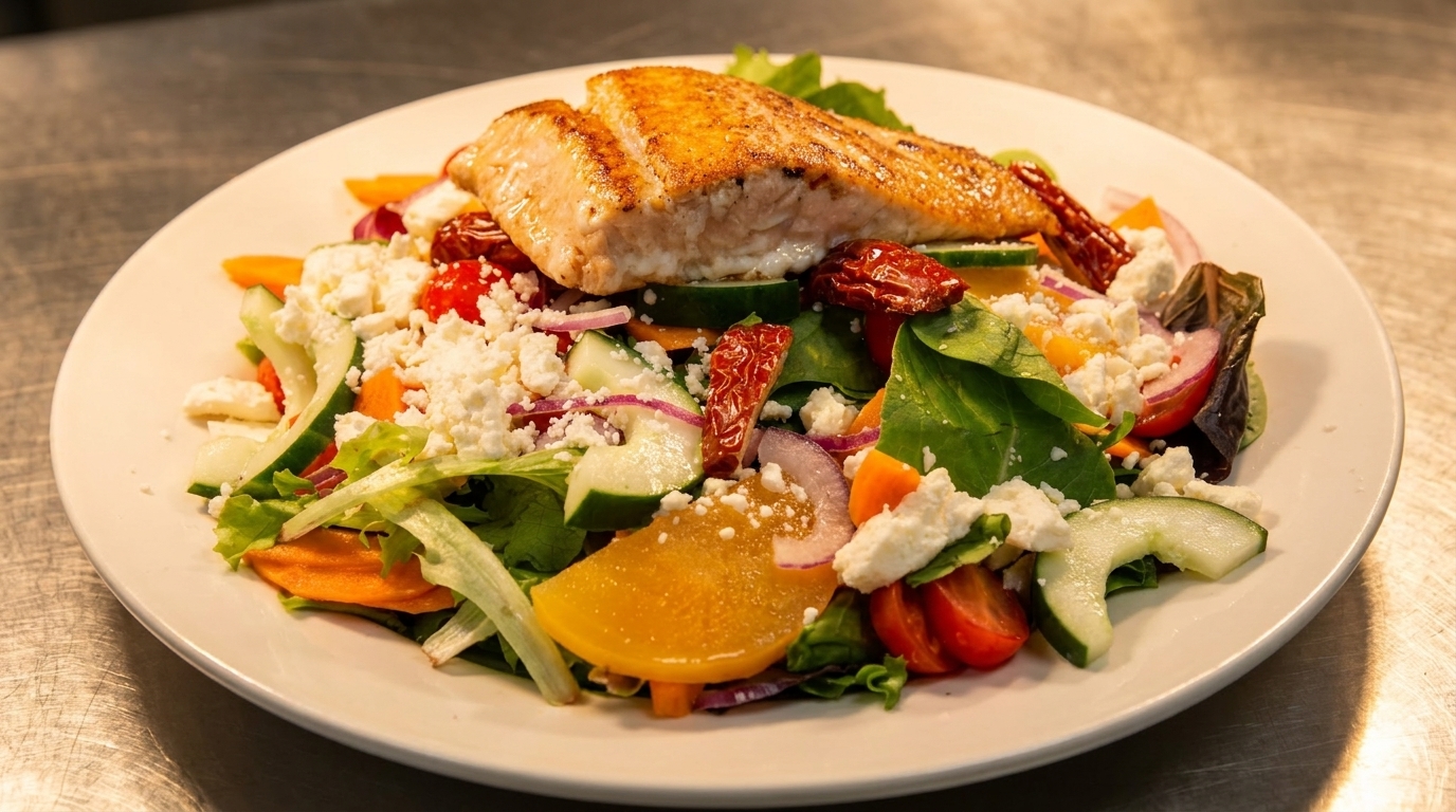 Grilled salmon fillet atop a vibrant salad with feta, sun-dried tomatoes, and fresh vegetables.