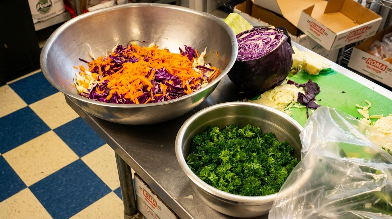 Shredded red and green cabbage with carrots in a bowl, with parsley and a red cabbage head.
