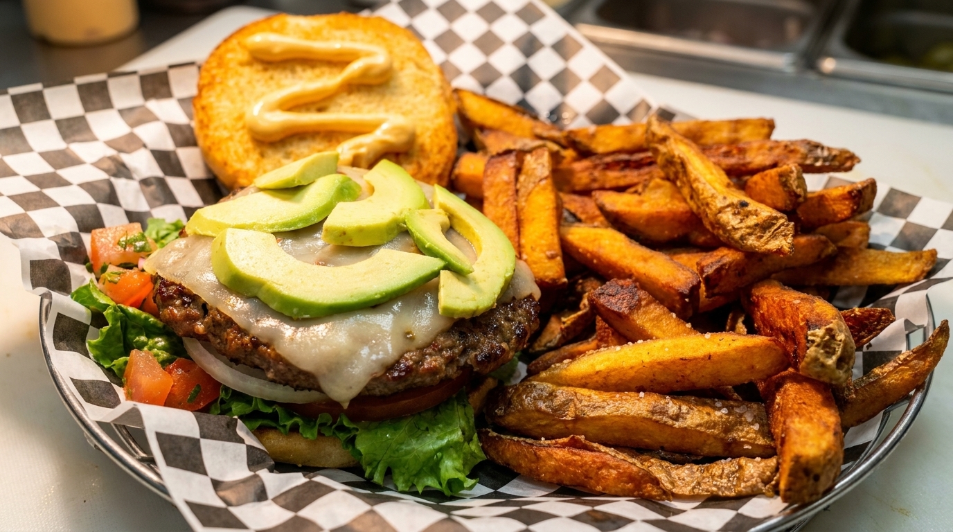 Cheeseburger with avocado slices, lettuce, tomato, and a side of crispy fries in a basket.