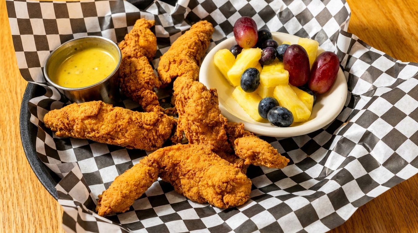 Crispy chicken tenders with honey mustard and a side of fresh fruit on checkered paper.