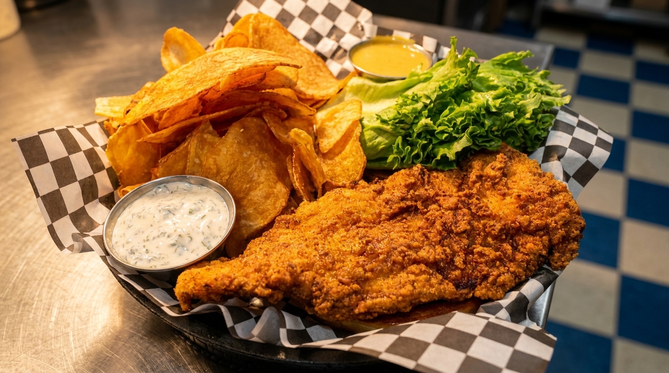 Crispy fried fish fillet, potato chips, lettuce, tartar sauce, and mustard in a basket.