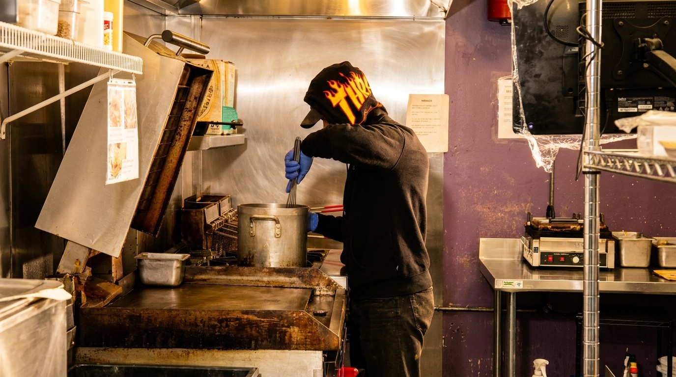 A chef in a black hoodie with a flame design stirs a large pot in a commercial kitchen.