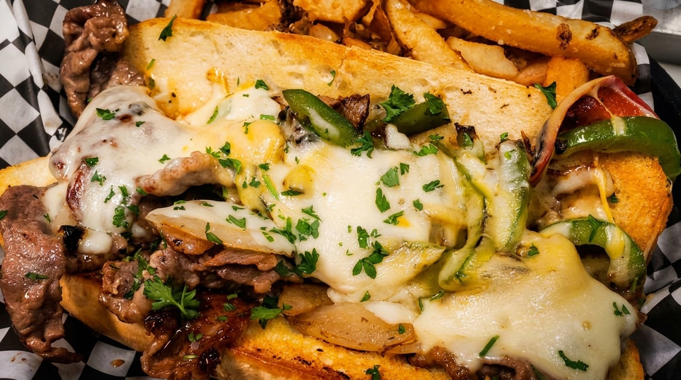 Cheesesteak sandwich with melted cheese, peppers, onions, and steak, served with fries.