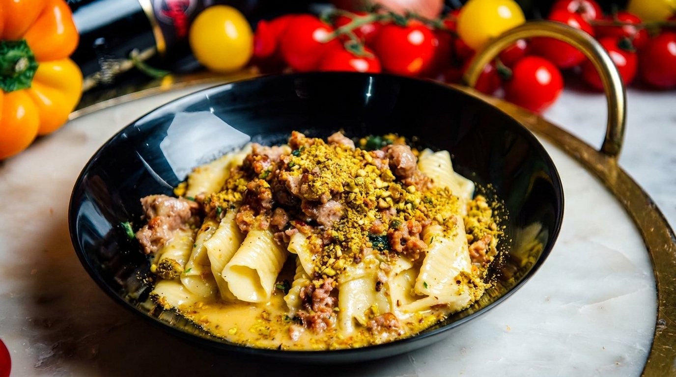Pasta with meat sauce and pistachio crumble in a black bowl, with vegetables in the background.