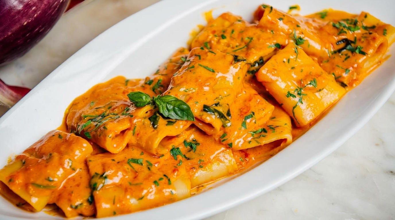 Close-up of pasta with creamy orange sauce and fresh basil in a white dish.