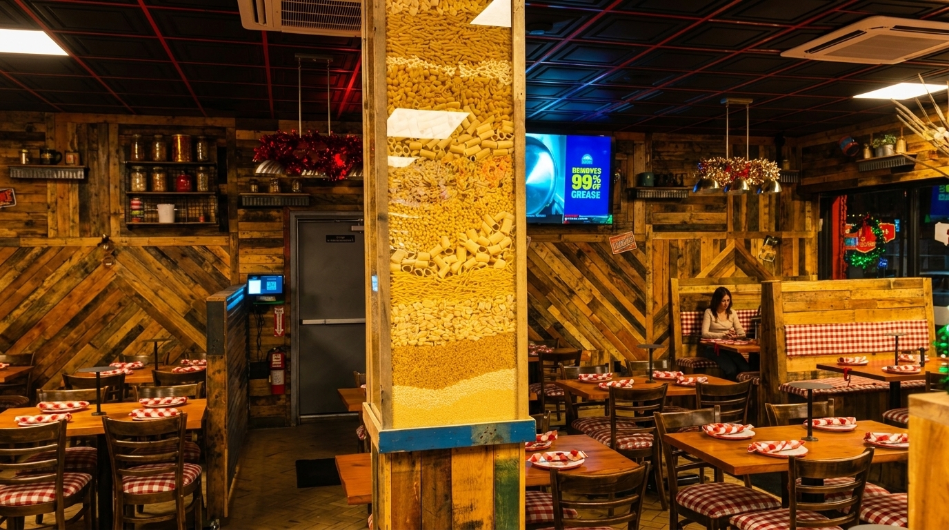 Rustic restaurant interior with wooden walls, red and white checkered tablecloths, and a pasta-filled column.