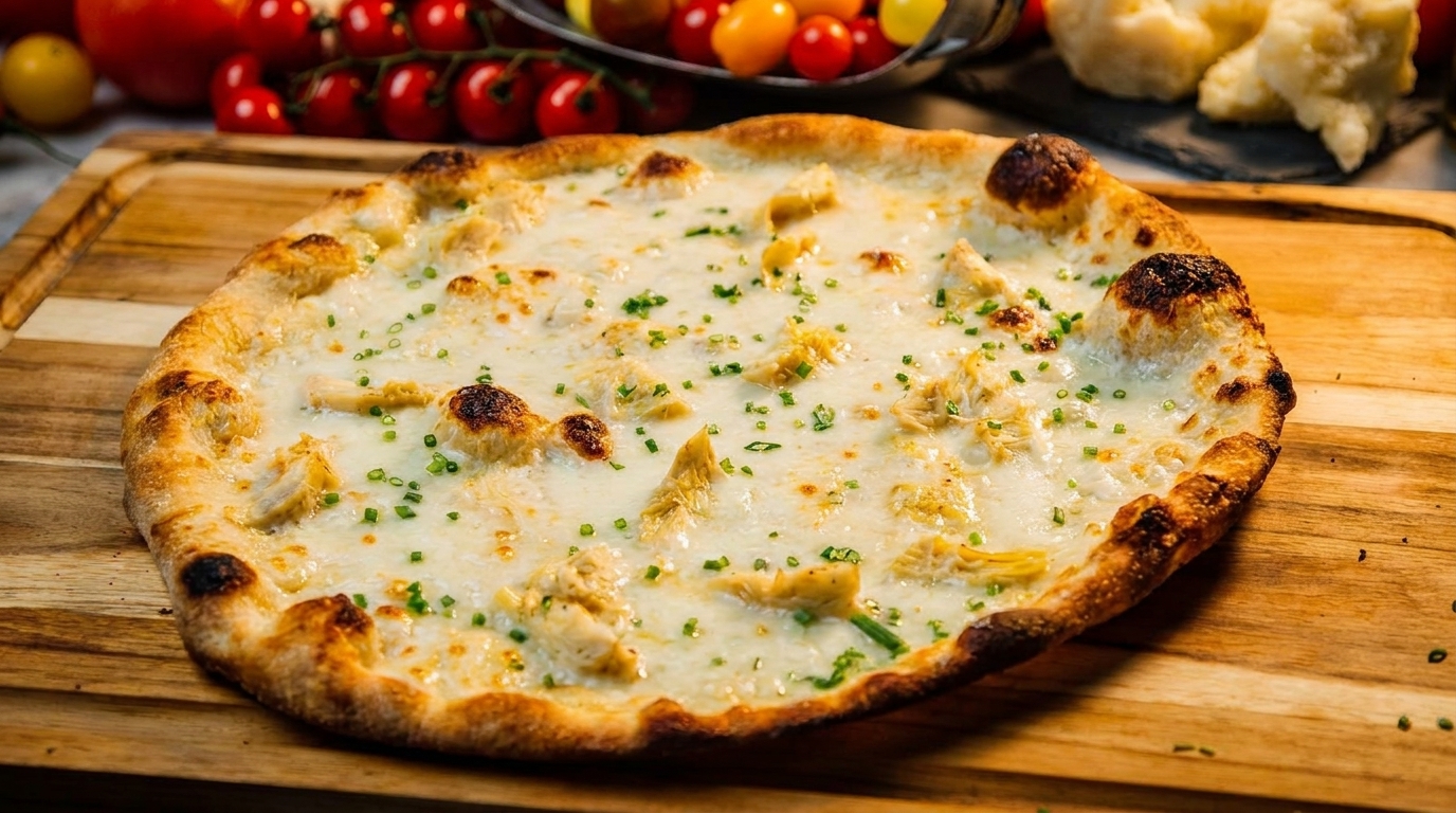 White pizza with artichoke hearts and chives on a wooden board, with tomatoes in the background.